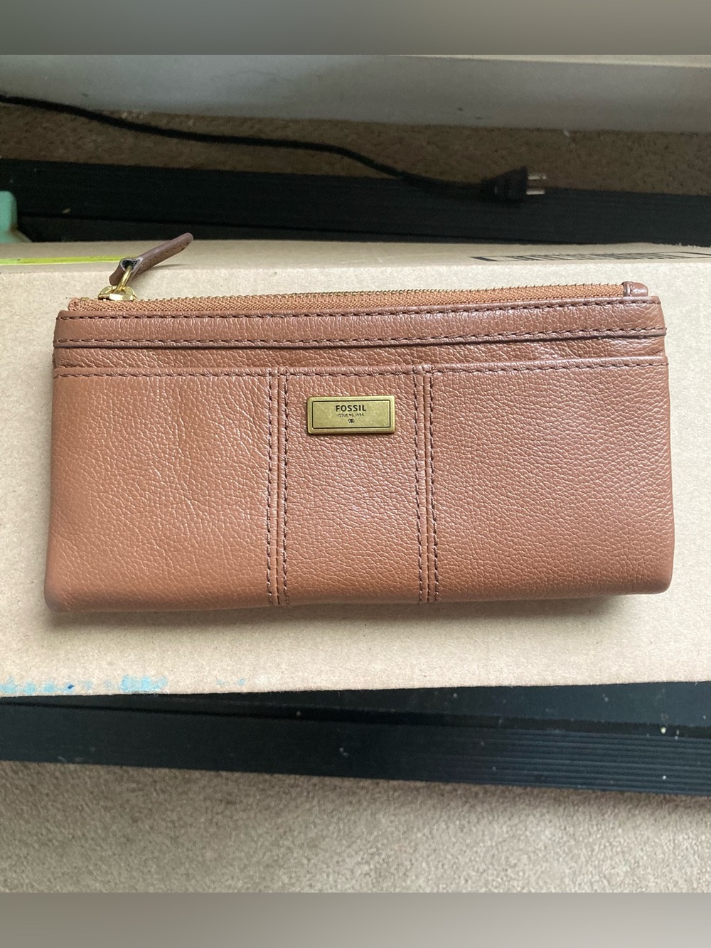Fossil Leather Zip Wristlet Wallet — Tan Brown with Gold Hardware